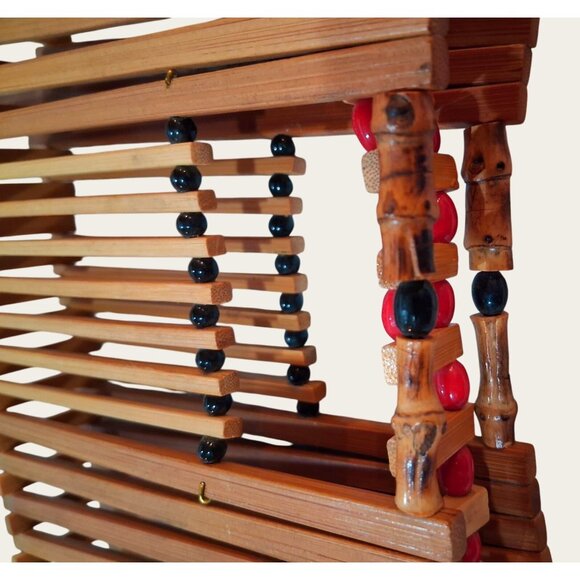 Collapsible Wooden Fruit Basket MCM Red Beads Accents Vintage Teak Wood - Picture 11 of 12